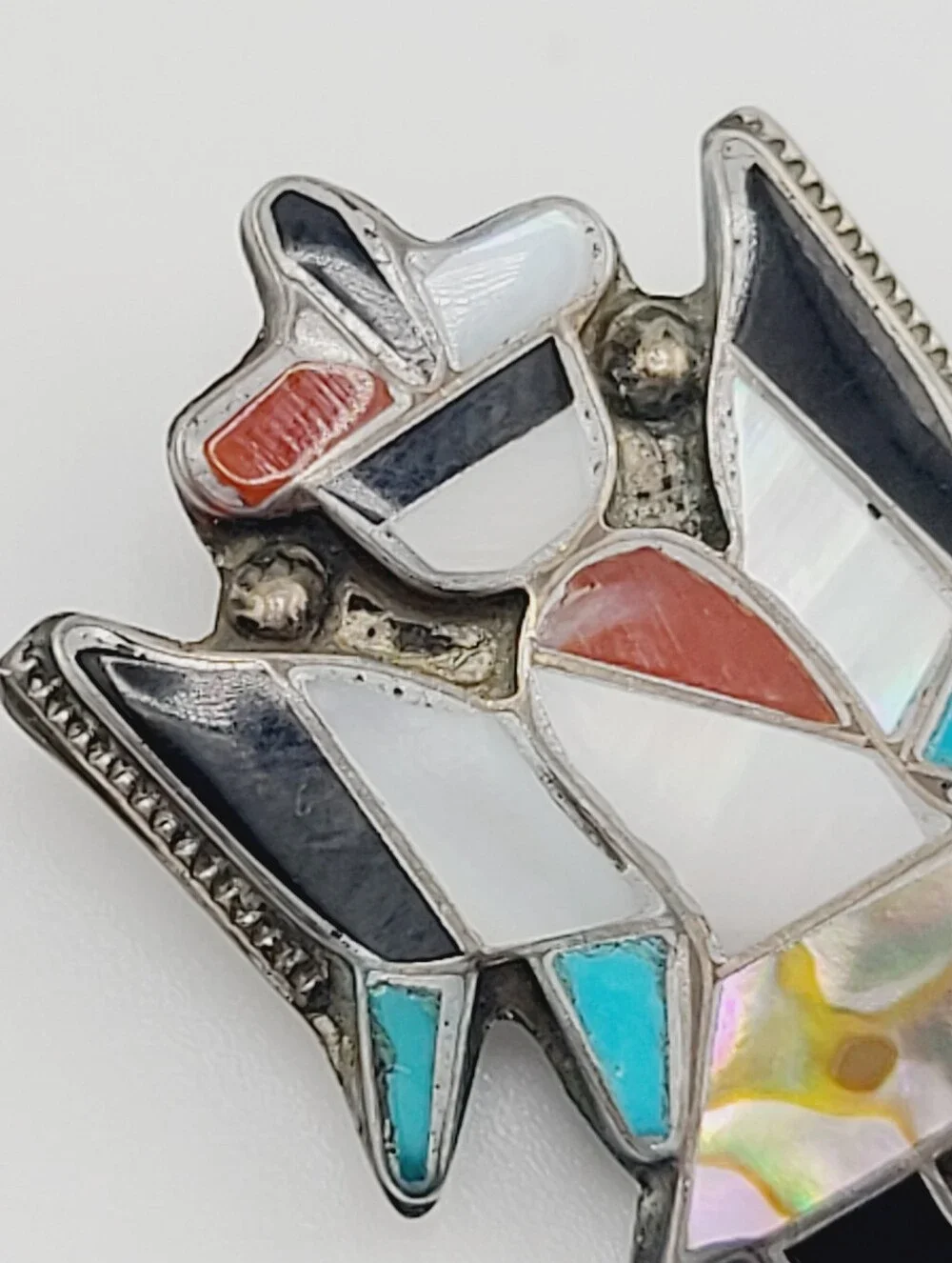 1940s Zuni Knifewing Pin of Turquoise, Jet, MOP, & Spiney Oyster On Sterling